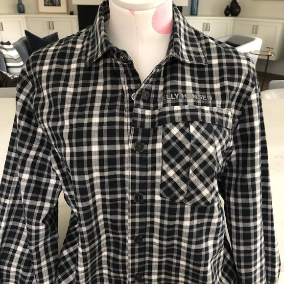 Helly Hansen Casual Cozy Snap Down Cotton Plaid Shirt Black Grey White Sz S - Picture 5 of 12